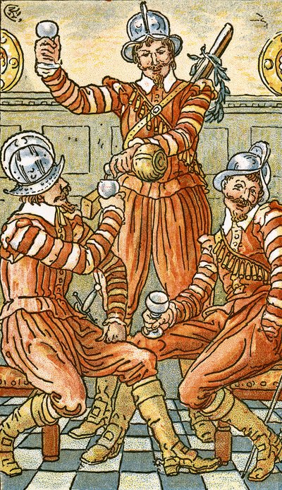 「We Be Soldiers Three」、「Pan-Pipes」の歌のイラスト、古歌の本、新しくアレンジされ、Theoの伴奏付き。 Marzials、George Routledge und Sons、1884年にロンドンで発行（カラー 作： Walter Crane
